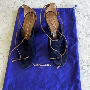Aquazzua Firenze Navy suede/cognac leather peep toe sandals, size 37, preloved
